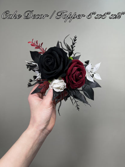 Black Burgundy Bouquet, Wedding Bridal Gothic Black White Gold Burgundy Bouquet