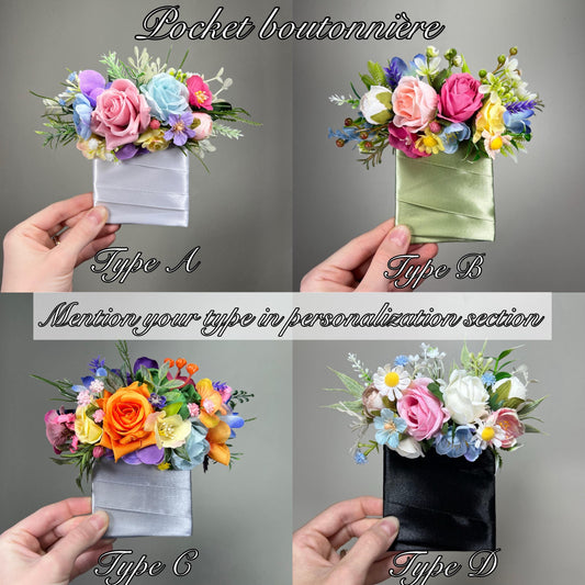 Multicolor Pocket Boutonnière Wedding Wild Flowers Groom Pastel Square Boutonnière Pink Blue Yellow Groomsmen Purple Artificial Flowers