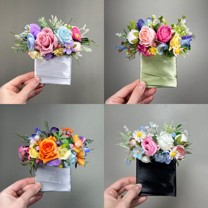 Colorful Pocket Boutonnière Wedding Wild Flowers Groom Multicolor Square Boutonnière Pink Blue Orange Groomsmen Purple Artificial Flowers