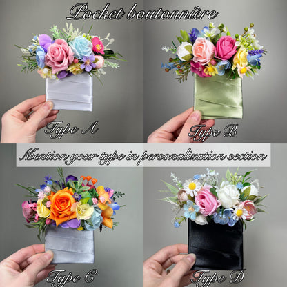 Colorful Pocket Boutonniere Wedding Rustic Pink Yellow Blue Square Boutonniere Groom Blush Spring Groosmmen Pocket Boutonniere Hot Pink