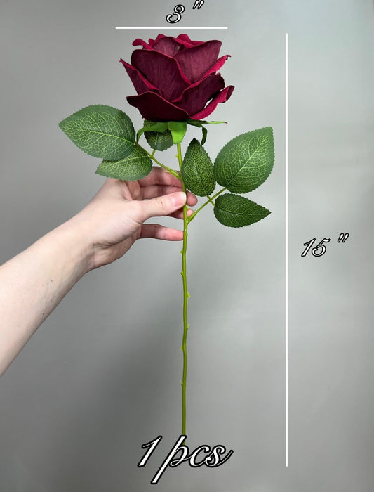 Burgundy Artificial Rose, Wedding Realistic Dark Red Velvet Rose Heads with Stem Leaves, Craft Supplies Flowers Faux