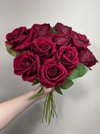 Burgundy Artificial Rose, Wedding Realistic Dark Red Velvet Rose Heads with Stem Leaves, Craft Supplies Flowers Faux