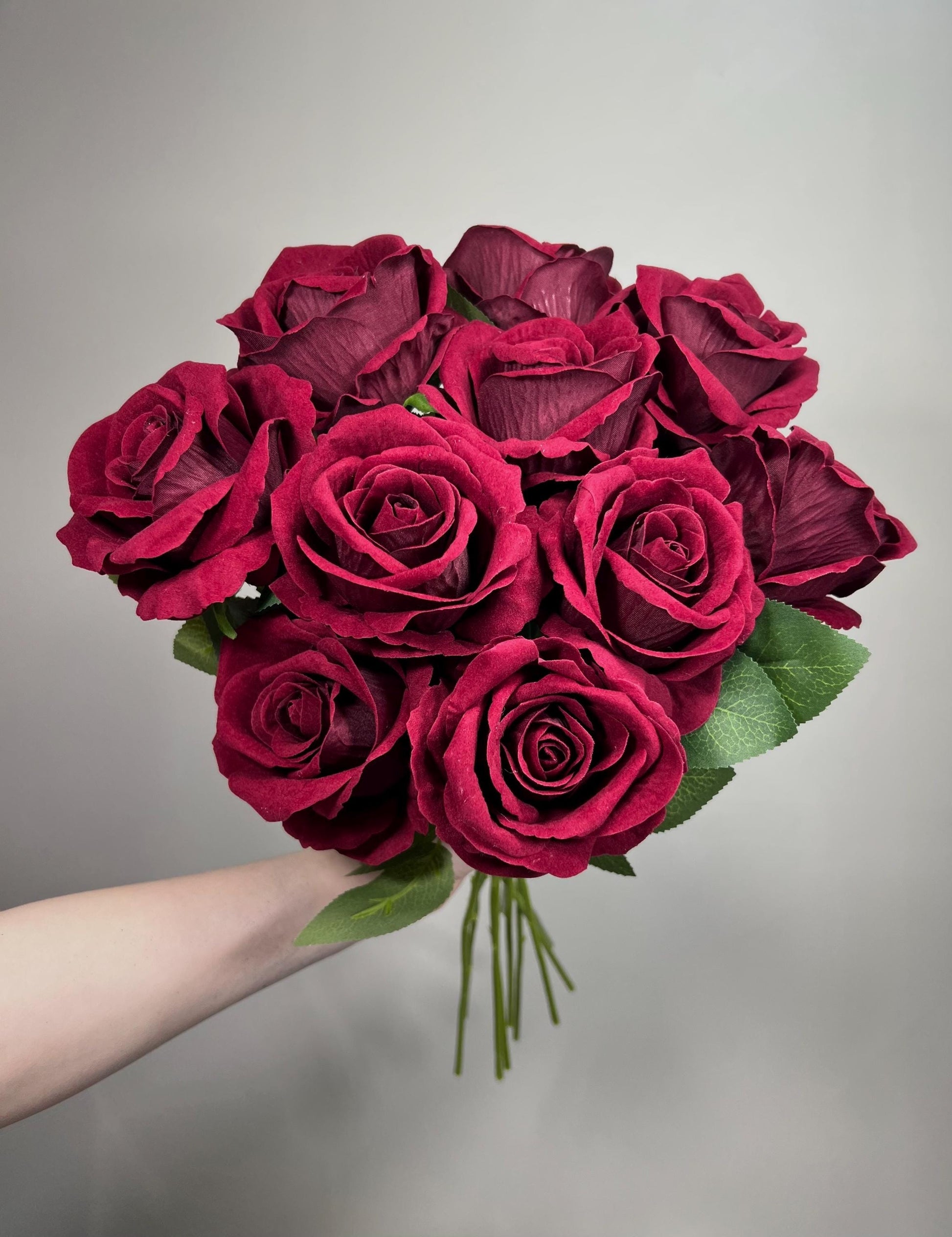 Burgundy Artificial Rose, Wedding Realistic Dark Red Velvet Rose Heads with Stem Leaves, Craft Supplies Flowers Faux