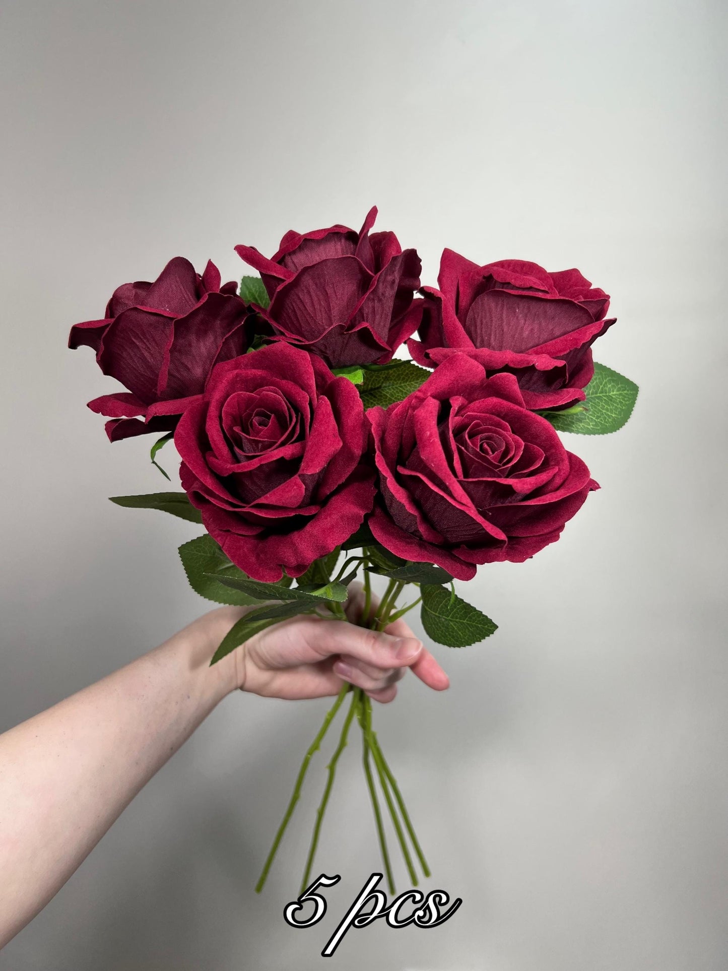 Burgundy Artificial Rose, Wedding Realistic Dark Red Velvet Rose Heads with Stem Leaves, Craft Supplies Flowers Faux