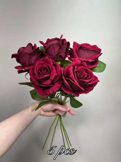 Burgundy Artificial Rose, Wedding Realistic Dark Red Velvet Rose Heads with Stem Leaves, Craft Supplies Flowers Faux