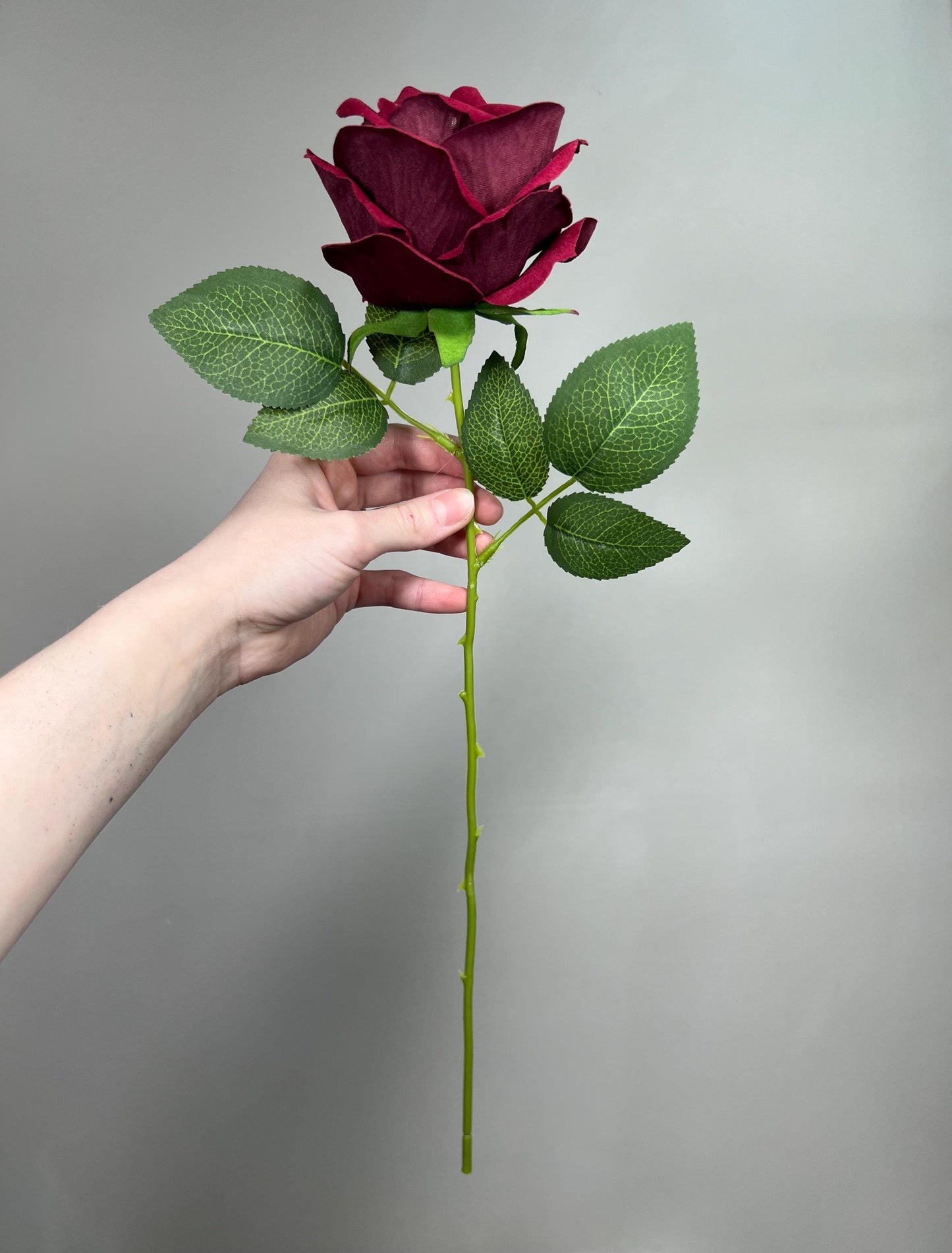 Burgundy Artificial Rose, Wedding Realistic Dark Red Velvet Rose Heads with Stem Leaves, Craft Supplies Flowers Faux