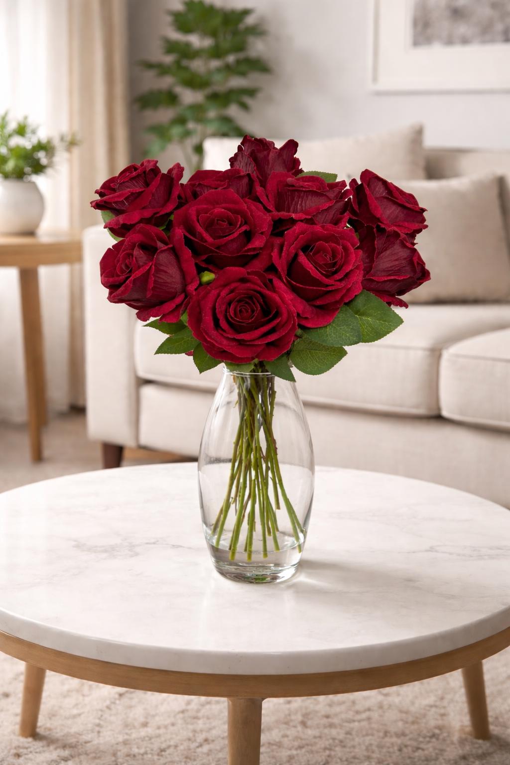 Burgundy Artificial Rose, Wedding Realistic Dark Red Velvet Rose Heads with Stem Leaves, Craft Supplies Flowers Faux