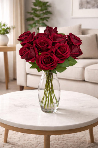 Burgundy Artificial Rose, Wedding Realistic Dark Red Velvet Rose Heads with Stem Leaves, Craft Supplies Flowers Faux
