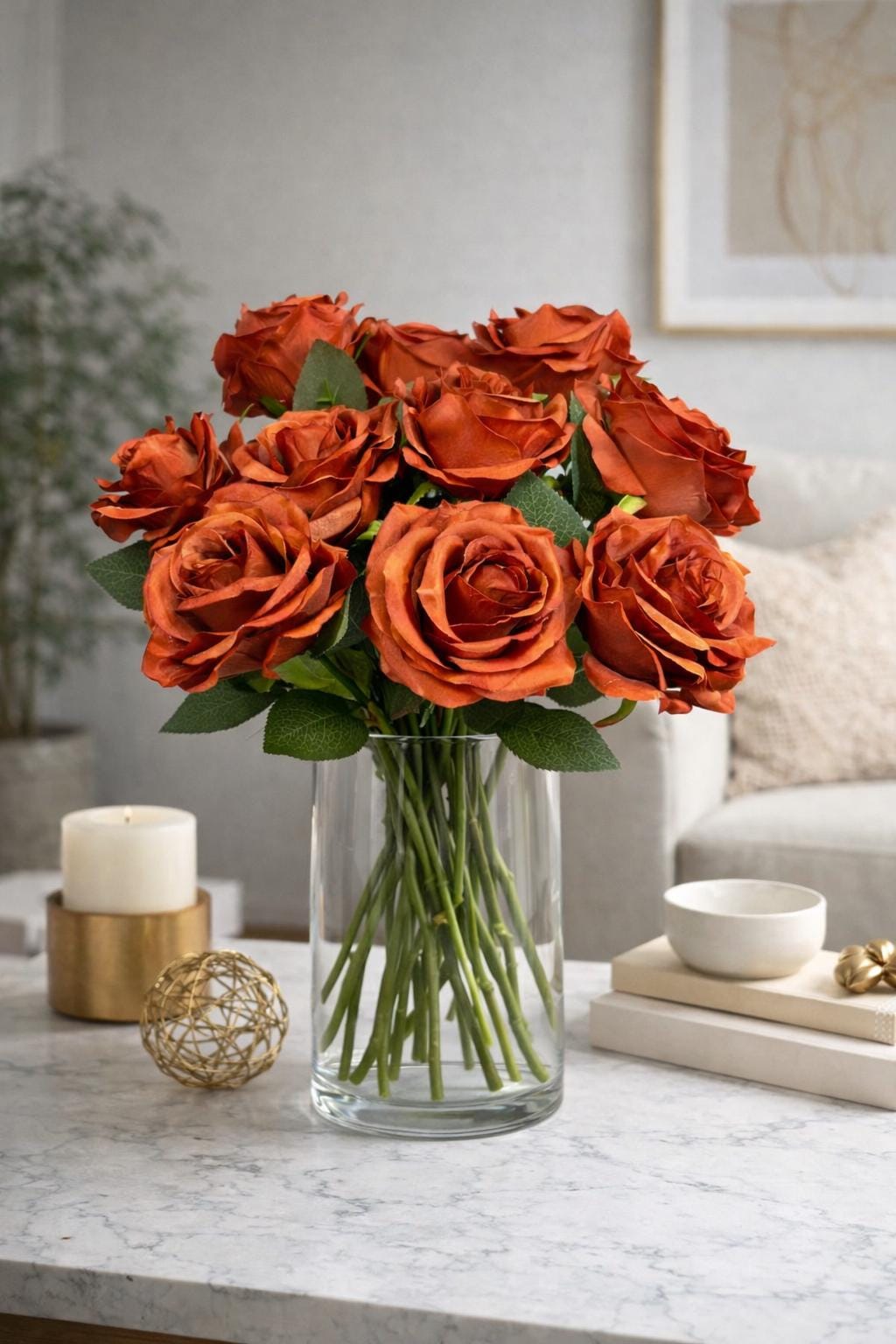 Burnt Orange Artificial Flowers Head Rose Terracotta Rust High Quality Wedding Fake Roses Stem Home Decor Silk Bridal Accessories Decorative