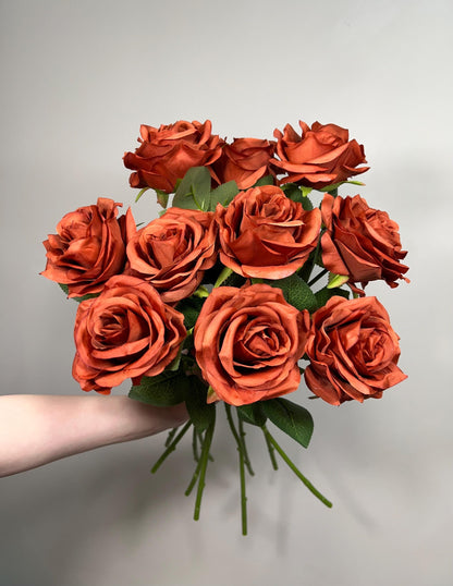 Burnt Orange Artificial Flowers Head Rose Terracotta Rust High Quality Wedding Fake Roses Stem Home Decor Silk Bridal Accessories Decorative