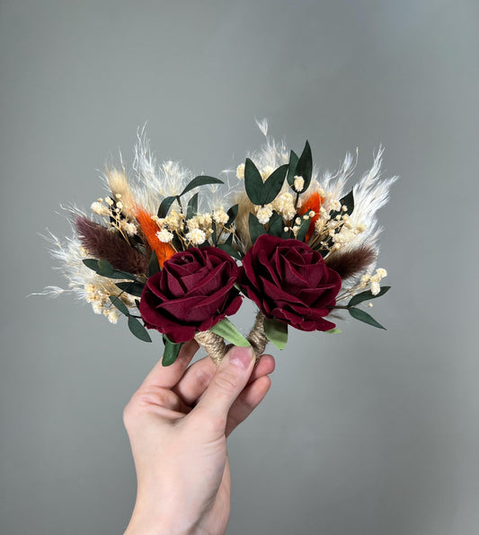 Burgundy Boho Boutonnière Wedding Groom Wine Red Rose Baby Breath Eucalyptus Maroon Pampas Grass Groomsmen Boutonnière Lapel Flower Men