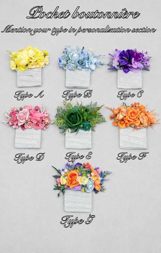 Multicolor Pocket Boutonniere Wedding Groom Square Boutonnière Mixed Color Assorted Floral Groomsmen Boutonnière Color Variety Artificial