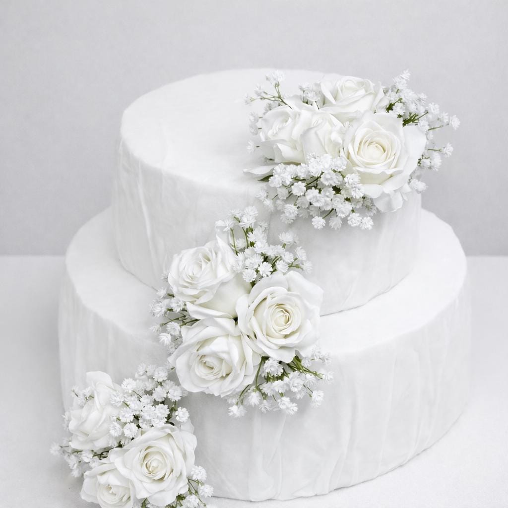 White Cake Decoration Wedding Baby Breath Cake Arrangement Artificial Flowers White Roses Floral Cake Decor Silk