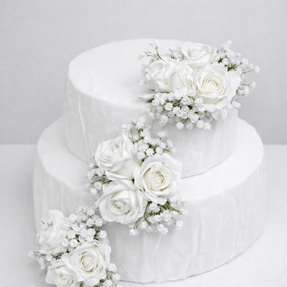 White Cake Decoration Wedding Baby Breath Cake Arrangement Artificial Flowers White Roses Floral Cake Decor Silk