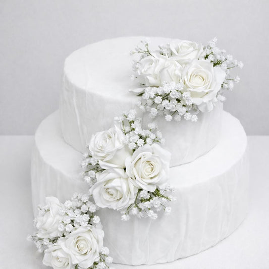 White Cake Decoration Wedding Baby Breath Cake Arrangement Artificial Flowers White Roses Floral Cake Decor Silk