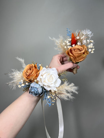 Burnt Orange Dusty Blue Corsage, Wedding Boho Bridesmaids Wrist Corsage Terracotta White Blue