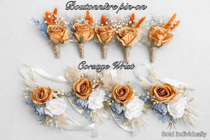 Burnt Orange Dusty Blue Corsage, Wedding Boho Bridesmaids Wrist Corsage Terracotta White Blue