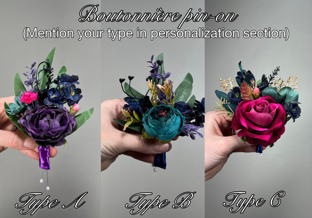 Jewel Tone Boutonniere Wedding Dark Purple Boutonnière Teal Groomsmen Boutonniere Plum Fuchsia Boutonnière Navy Blue Purple Boutonniere