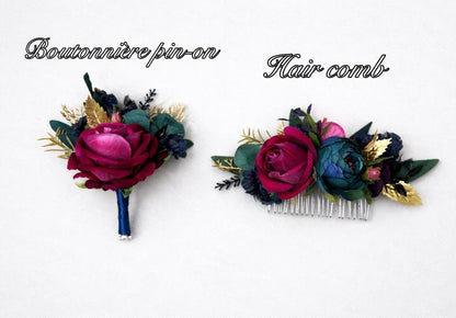 Jewel Tone Boutonniere, Wedding Fuchsia Deep Magenta Groom Boutonnière Groomsmen