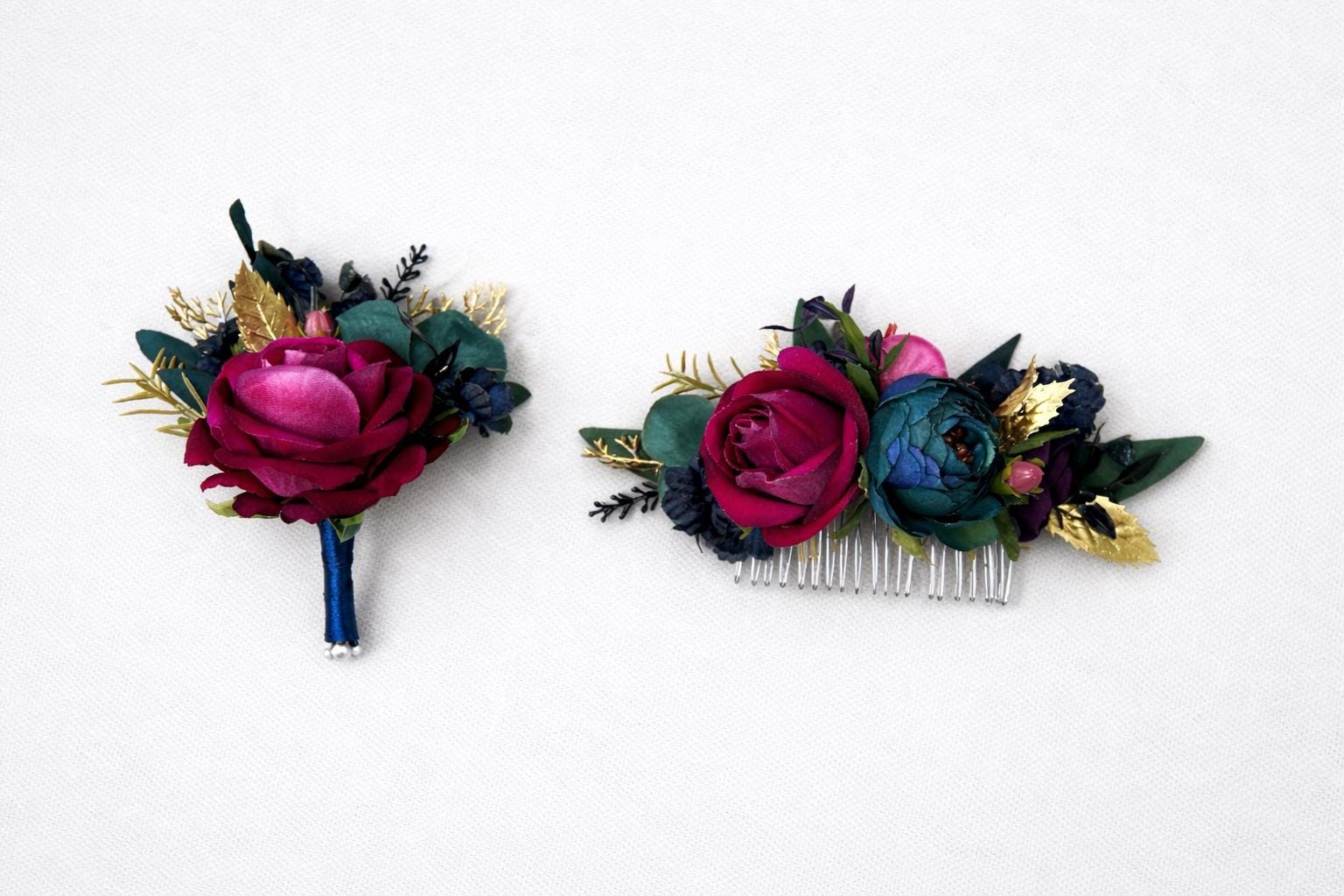 Jewel Tone Boutonniere, Wedding Fuchsia Deep Magenta Groom Boutonnière Groomsmen