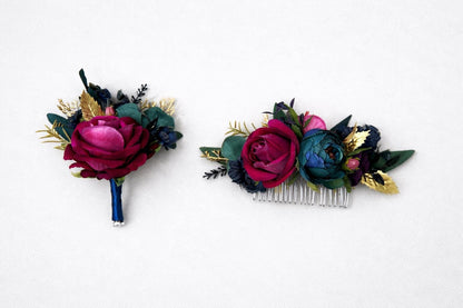 Jewel Tone Boutonniere, Wedding Fuchsia Deep Magenta Groom Boutonnière Groomsmen