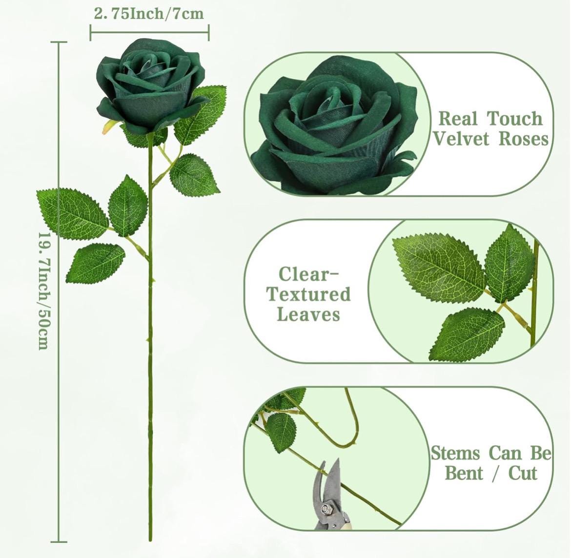 Emerald Green Rose with Stem Artificial Dark Green Hunter Wedding Roses DIY Supplies Craft Home Decor Velvet Forest Green Silk