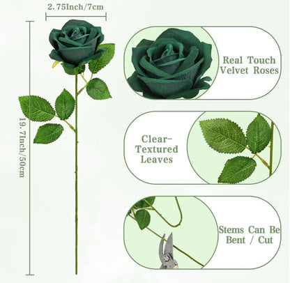 Emerald Green Rose with Stem Artificial Dark Green Hunter Wedding Roses DIY Supplies Craft Home Decor Velvet Forest Green Silk