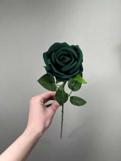 Emerald Green Rose with Stem Artificial Dark Green Hunter Wedding Roses DIY Supplies Craft Home Decor Velvet Forest Green Silk