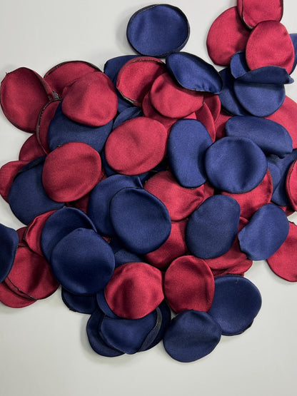 Burgundy Navy Blue Gold Petals, Wedding Rose Petals Satin, Blue Dark Red Satin Petals, Aisle Petals Silk
