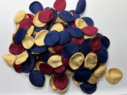 Burgundy Navy Blue Gold Petals, Wedding Rose Petals Satin, Blue Dark Red Satin Petals, Aisle Petals Silk
