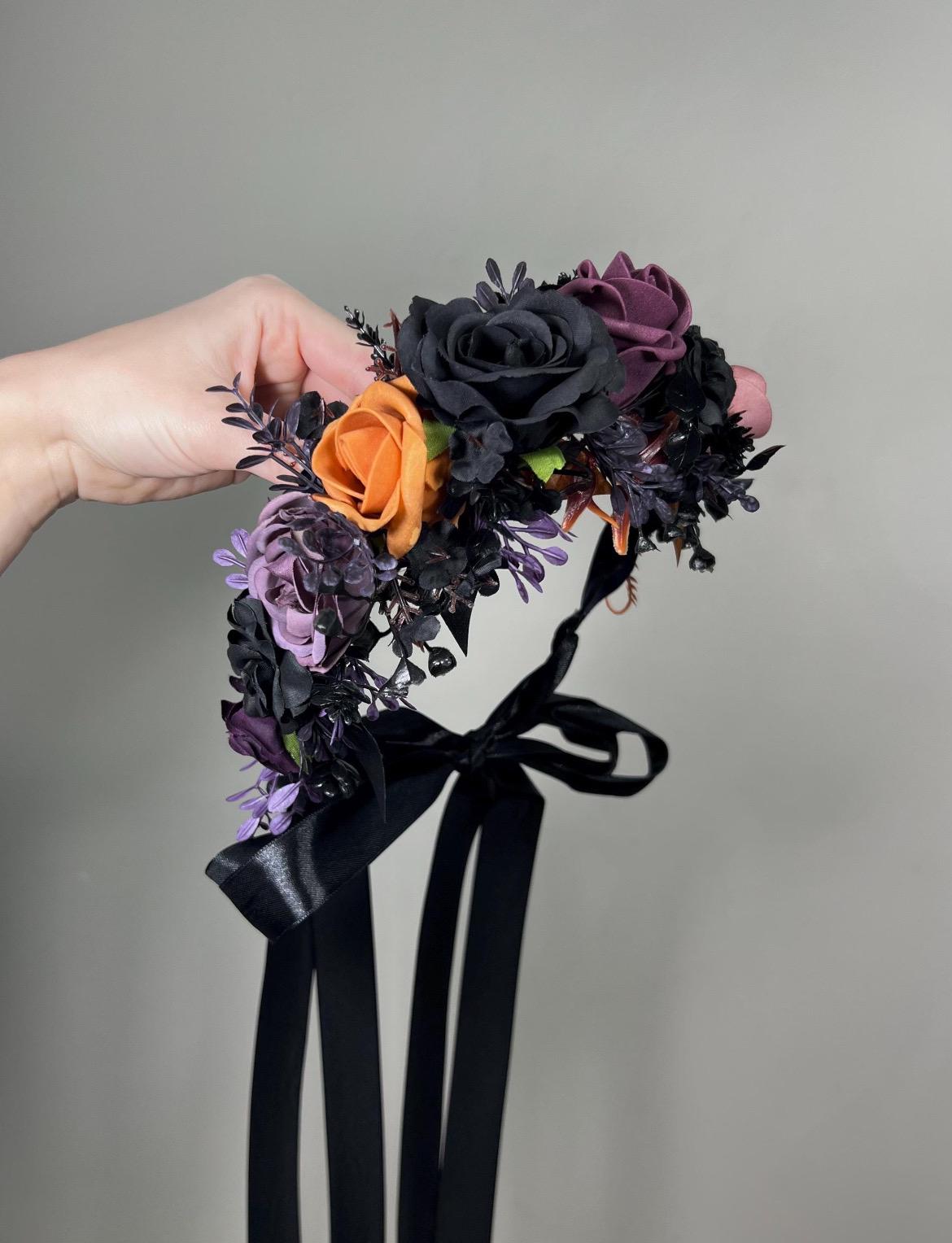 Black Purple Orange Cascading Bouquet, Wedding Plum Black Gothic Bridal Bouquet Cascade Bridesmaids