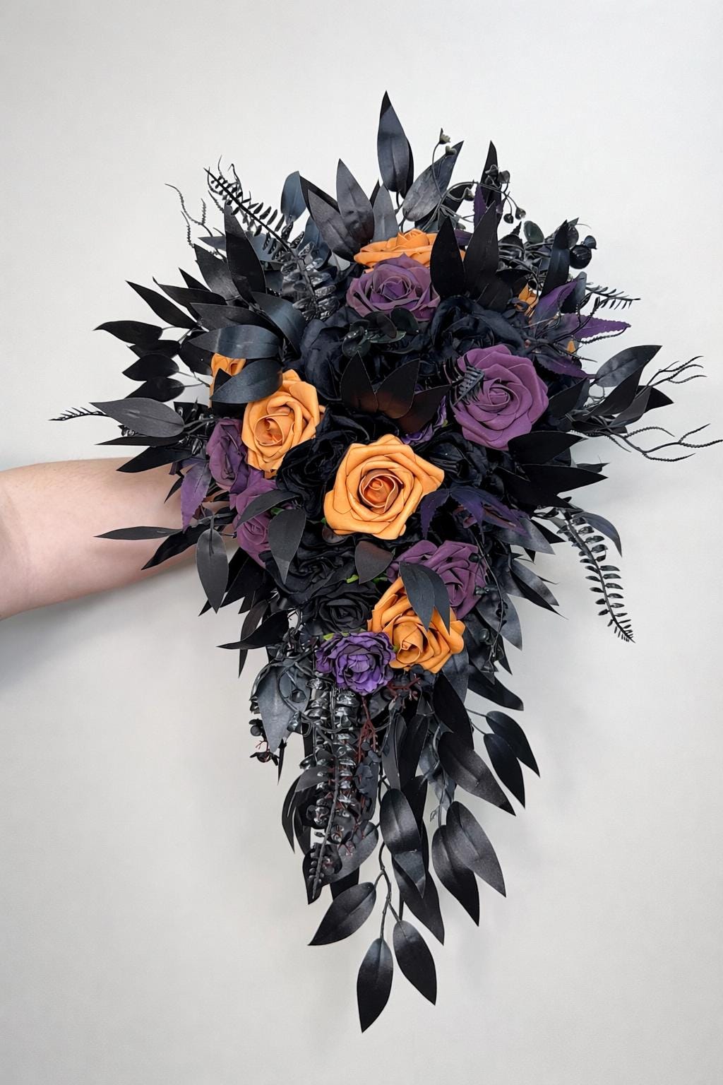 Black Purple Orange Cascading Bouquet, Wedding Plum Black Gothic Bridal Bouquet Cascade Bridesmaids Reddit