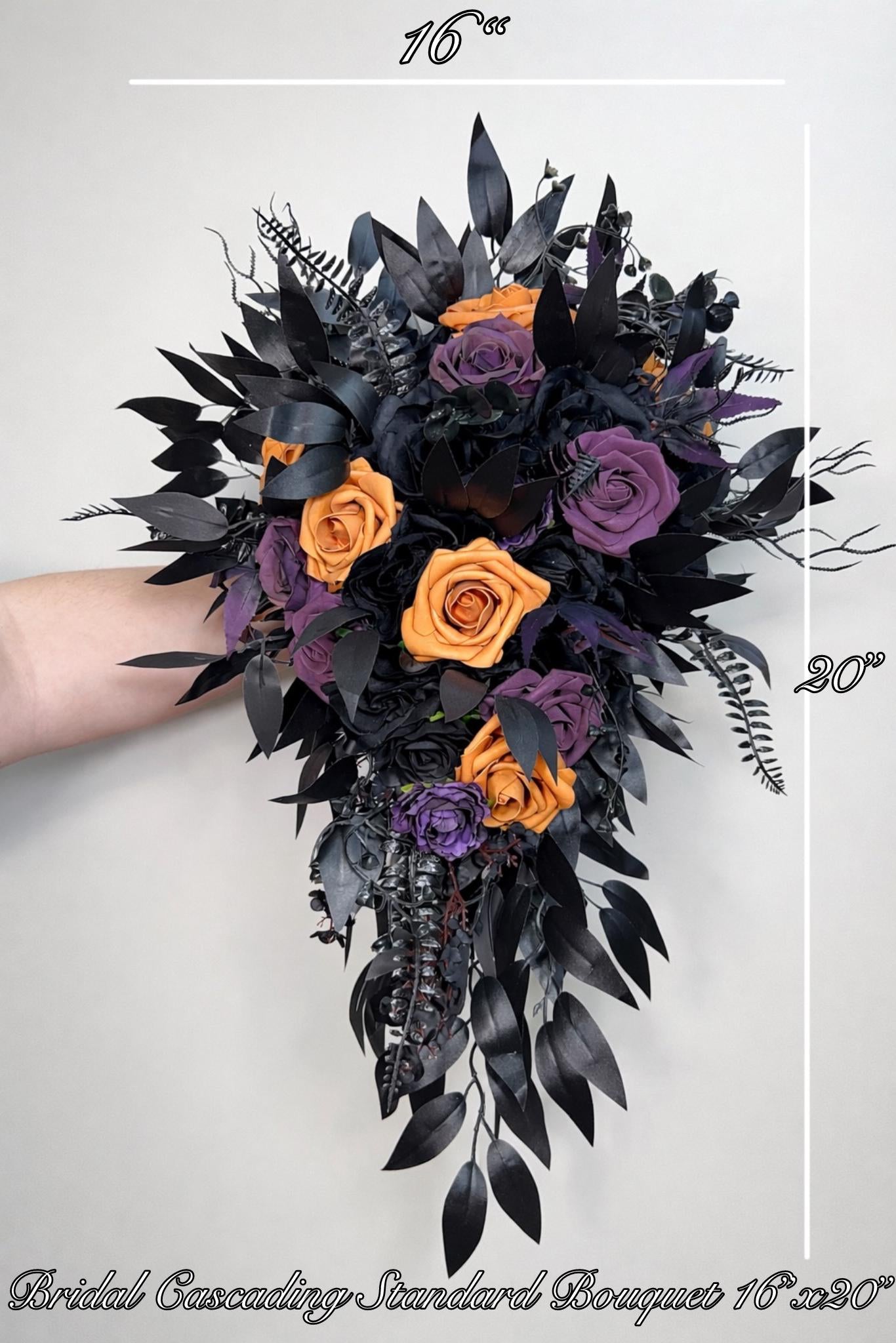 Black Purple Orange Halloween Bouquet, Wedding Plum Black Gothic Bridal Bouquet Bridesmaids