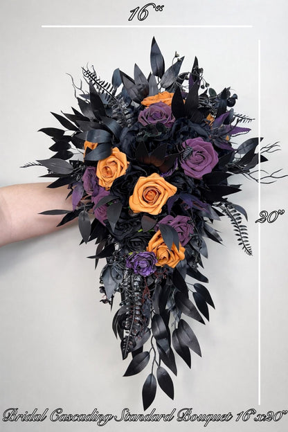 Black Purple Orange Cascading Bouquet, Wedding Plum Black Gothic Bridal Bouquet Cascade Bridesmaids