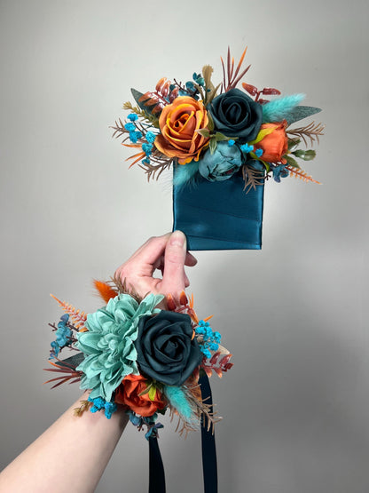 Teal & Burnt Orange Wrist Corsage for Wedding, Fall Floral Corsage, Faux Flowers Reddit