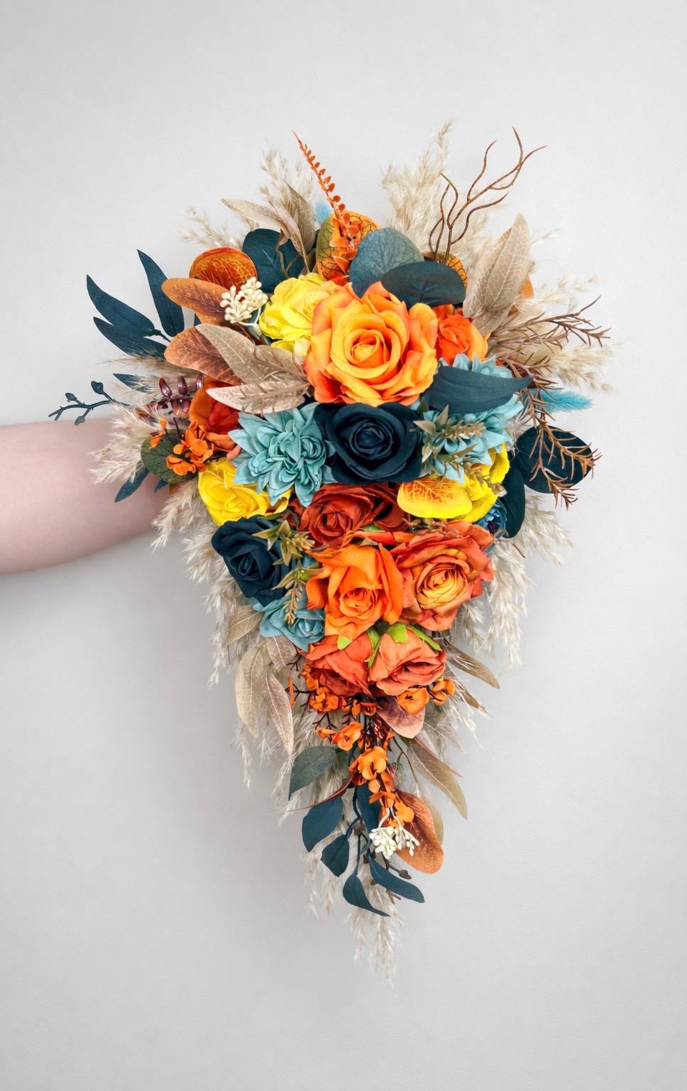 Burnt Orange and Teal Blue Cascading Bridal Bouquet – Boho Fall Wedding Flowers