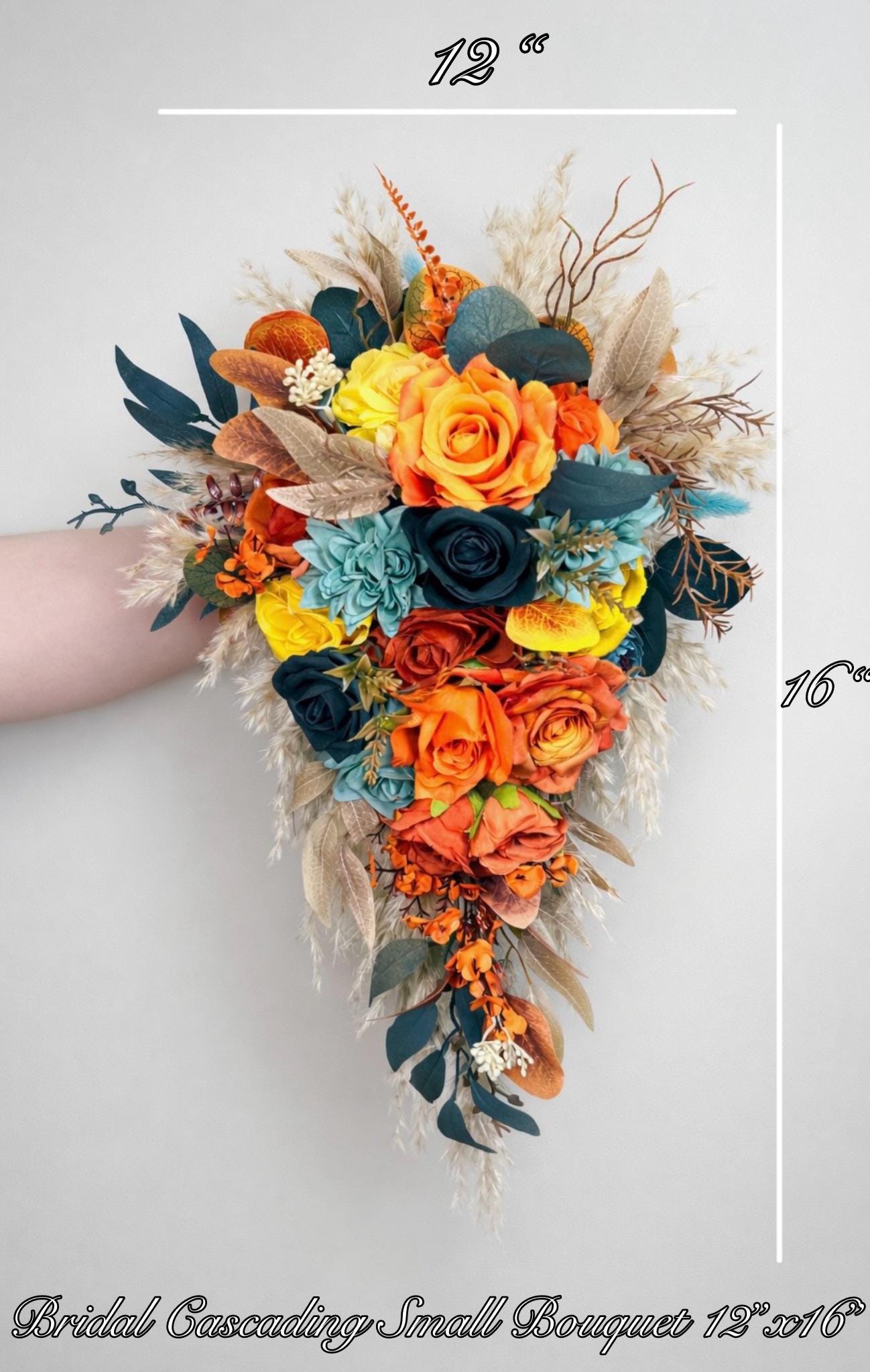 Burnt Orange and Teal Blue Cascading Bridal Bouquet – Boho Fall Wedding Flowers