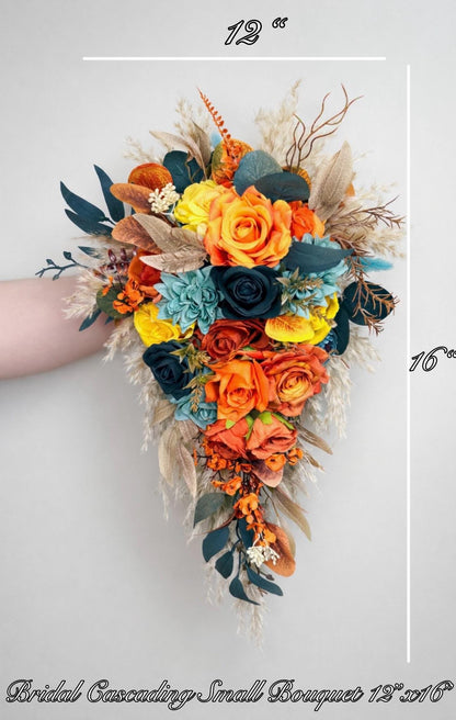 Burnt Orange and Teal Blue Cascading Bridal Bouquet – Boho Fall Wedding Flowers