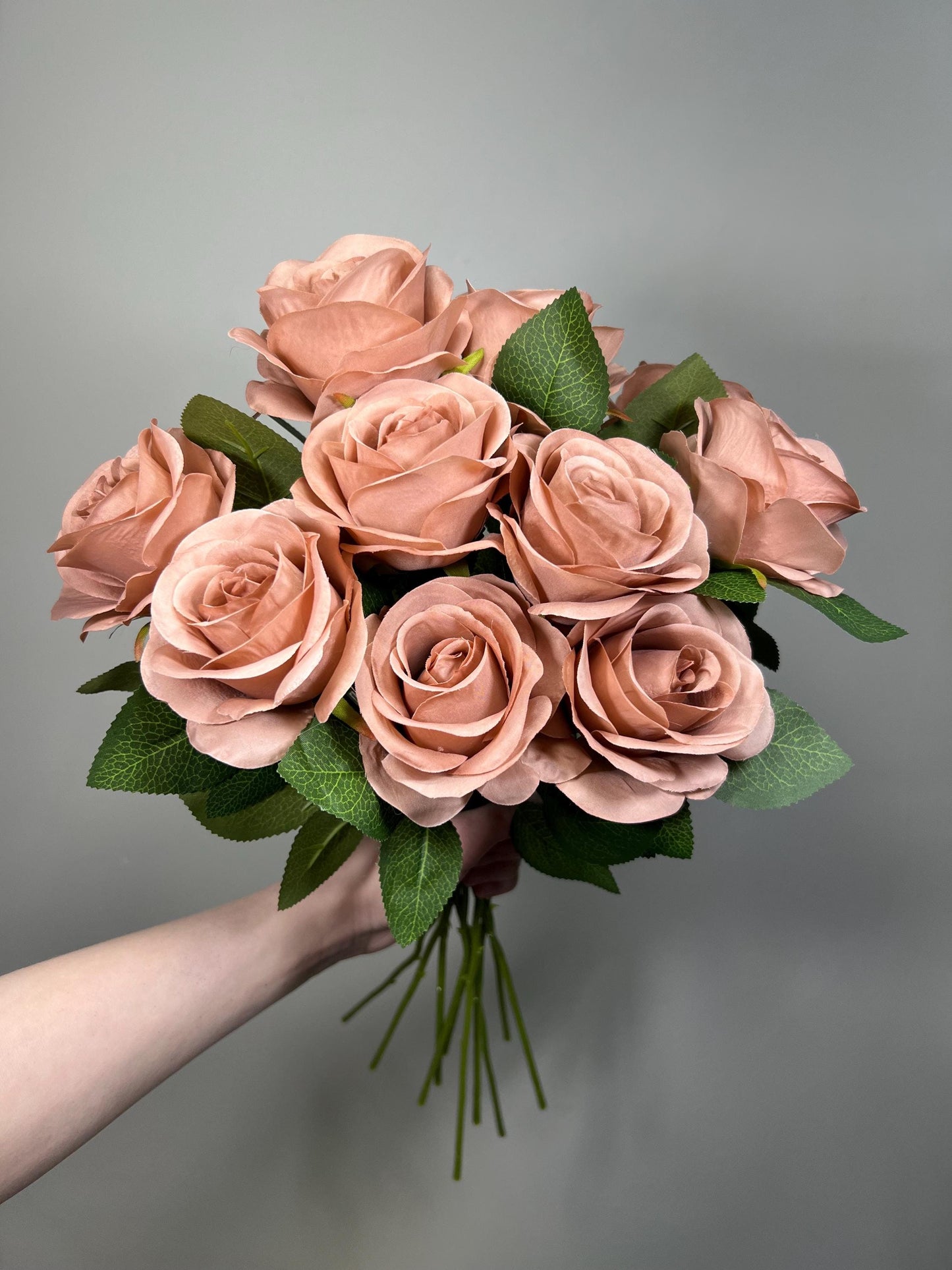 Dusty Rose Artificial Rose, Wedding Nude Blush Flower Head with Stem Leaves, Craft Supplies DIY Bouquet, Home Decor Realistic Roses