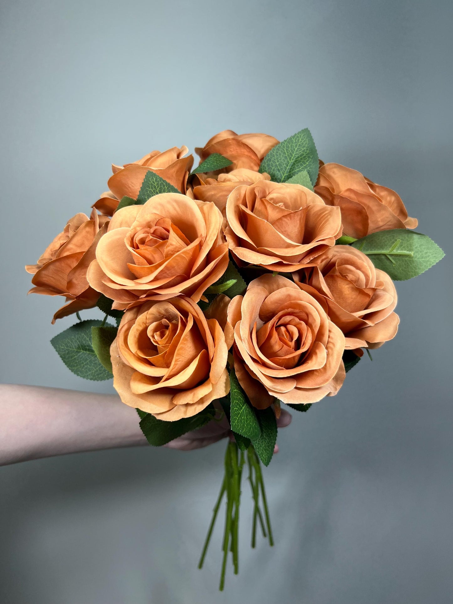 Terracotta Artificial Rose, Wedding Toffee Rose Flower Heada with Long Stem Leaves, Craft Supplies DIY Burnt Orange Bouquet, Caramel Roses