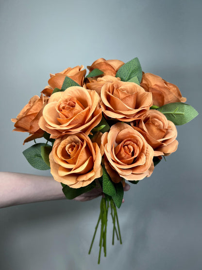 Terracotta Artificial Rose, Wedding Toffee Rose Flower Heada with Long Stem Leaves, Craft Supplies DIY Burnt Orange Bouquet, Caramel Roses