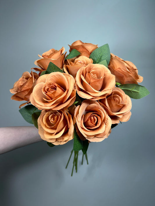 Terracotta Artificial Rose, Wedding Toffee Rose Flower Heada with Long Stem Leaves, Craft Supplies DIY Burnt Orange Bouquet, Caramel Roses