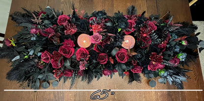 Wedding Sweetheart Table Runner Black Centerpiece Burgundy Candle Fireplace Mantle Ostrich Feathers Gothic Halloween Arch Arrangement Arbor