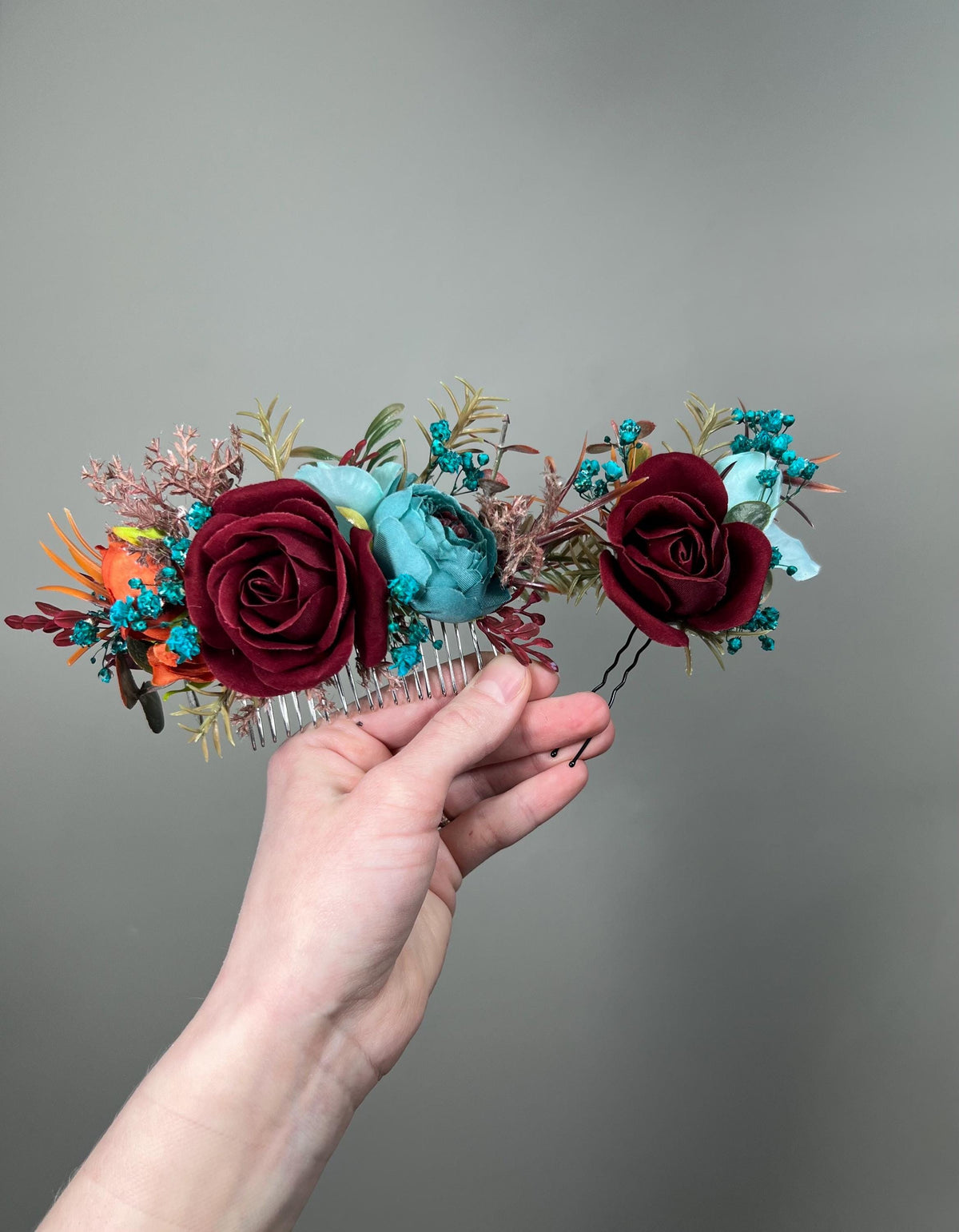Burgundy Teal Hair Comb, Wedding Burnt Orange Teal Blue Hair Piece Bridal, Hair Accessories Artificial Flowers Reddit