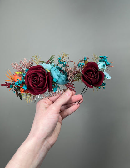 Burgundy Teal Blue Hair Pin, Wedding Burnt Orange Teal Hair Piece Bridal, Hair Accessories Artificial Flowers