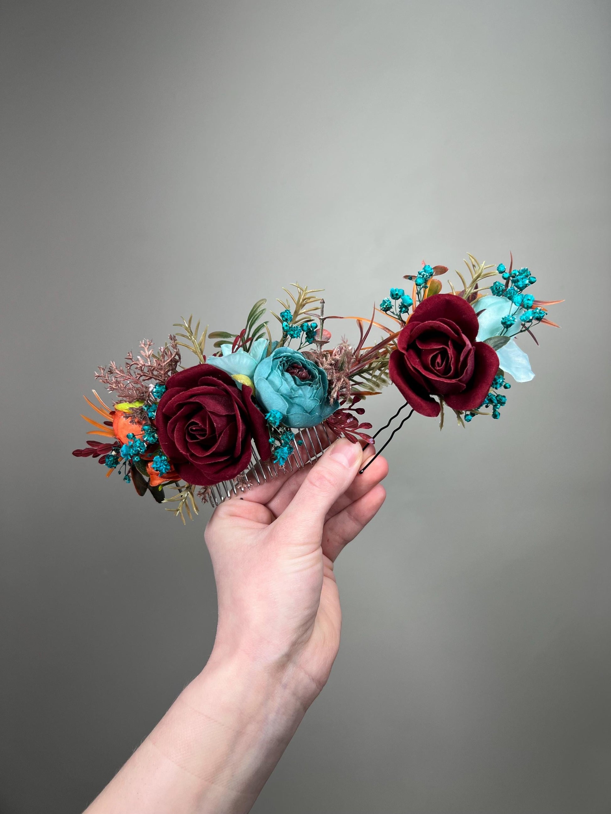 Burgundy Teal Hair Comb, Wedding Burnt Orange Teal Blue Hair Piece Bridal, Hair Accessories Artificial Flowers