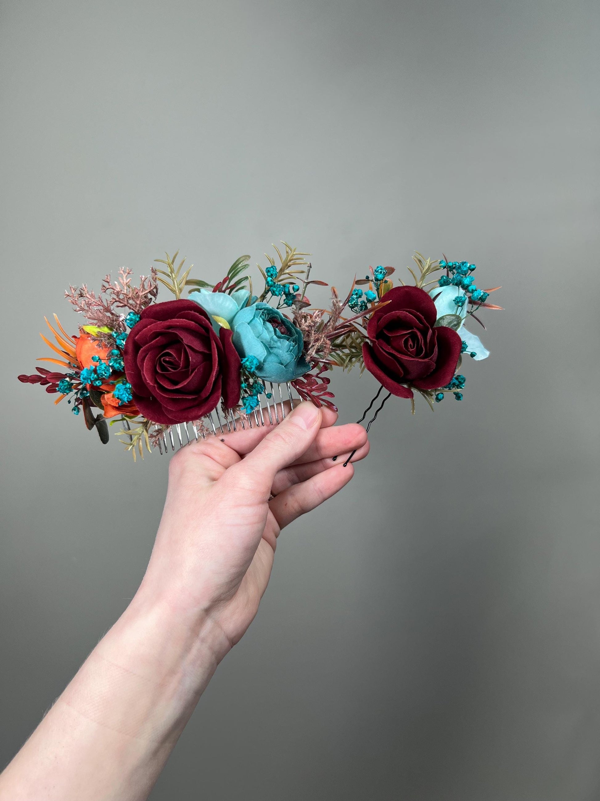 Burgundy Teal Hair Comb, Wedding Burnt Orange Teal Blue Hair Piece Bridal, Hair Accessories Artificial Flowers