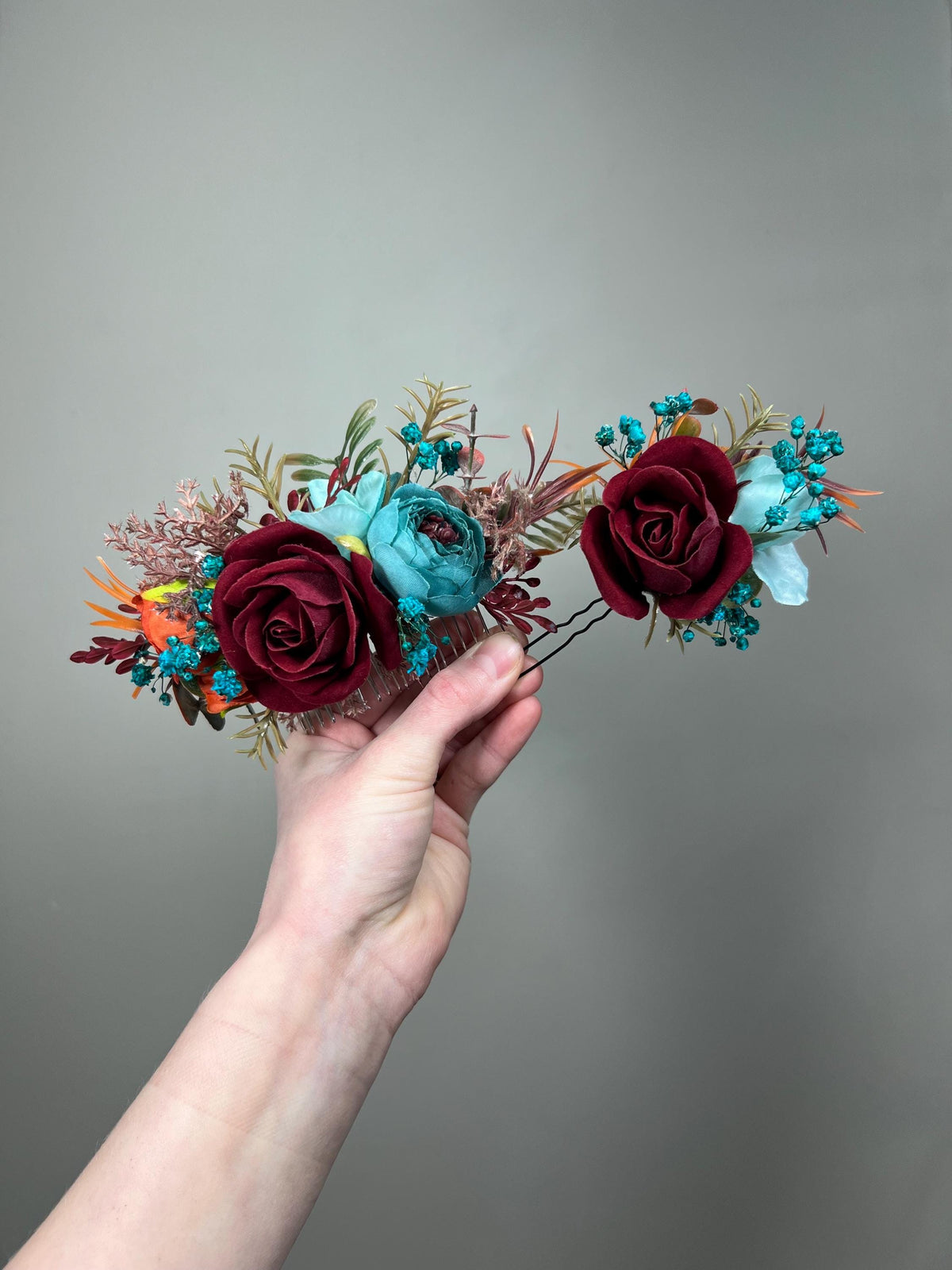 Burgundy Teal Blue Hair Pin, Wedding Burnt Orange Teal Hair Piece Bridal, Hair Accessories Artificial Flowers Reddit