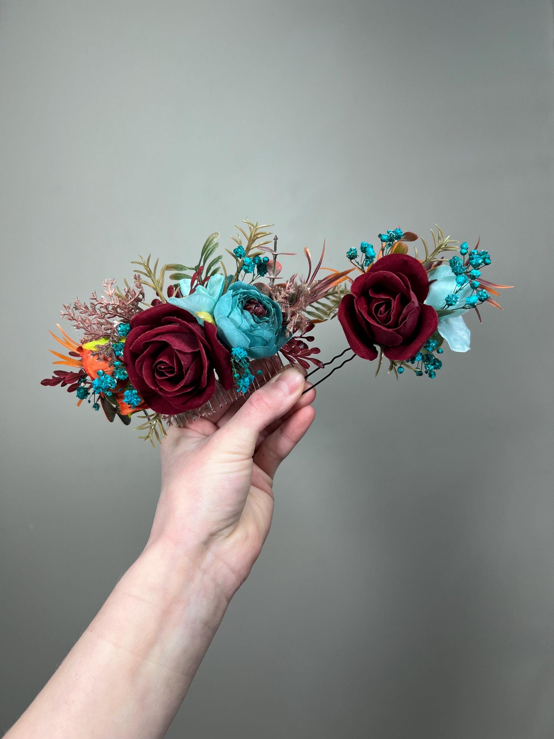 Burgundy Teal Blue Hair Pin, Wedding Burnt Orange Teal Hair Piece Bridal, Hair Accessories Artificial Flowers