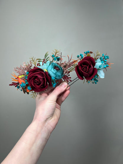 Burgundy Teal Hair Comb, Wedding Burnt Orange Teal Blue Hair Piece Bridal, Hair Accessories Artificial Flowers